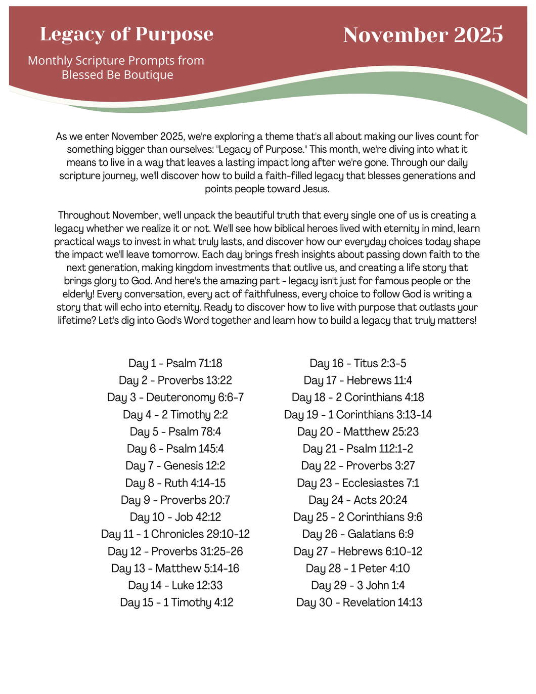 2025 November Scripture Journaling Prompts - Mailed Copies - Blessed Be Boutique