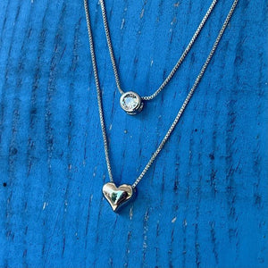 Brad's Deal Double Pendant, Rounded Silver Small Heart and CZ Choker Necklace - Blessed Be Boutique